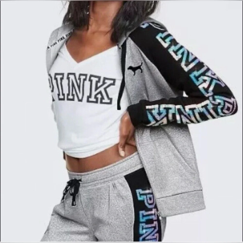 VS PINK bling metallic shine outfit SMALL joggers LARGE hoodie NWOT - Picture 2 of 13